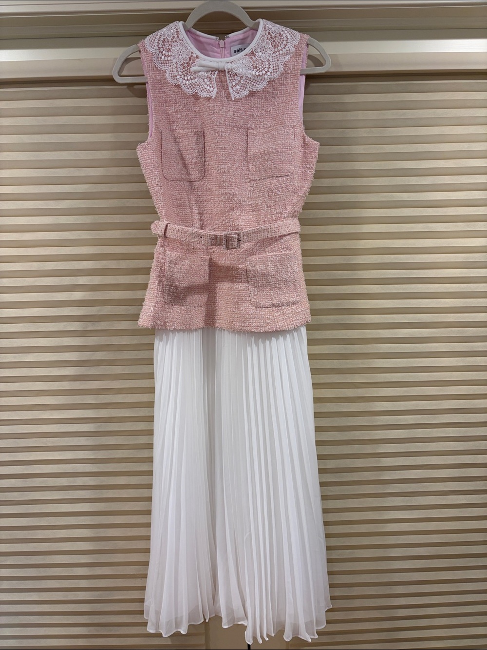 NWOT Self-Portrait Pink Boucle Lace Collar Midi Dress, Size US 2/4/6/8